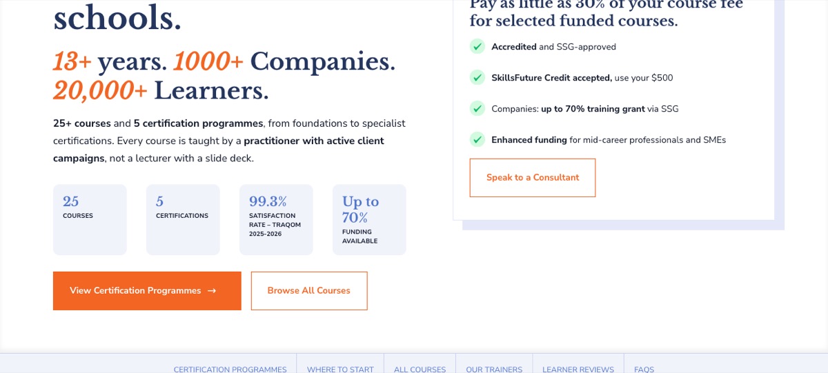 Equinet Academy publishes its TRAQOM satisfaction score — SSG's official post-course survey — alongside SkillsFuture funding tiers