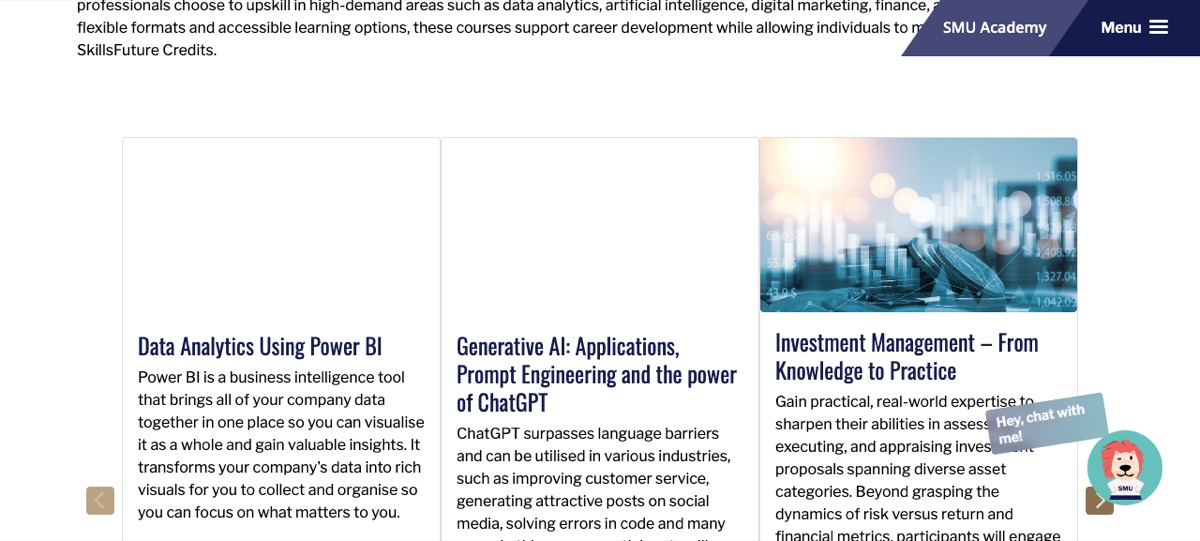 SMU Academy's SkillsFuture-eligible short courses — Power BI, Generative AI, and Investment Management are among its most subscribed